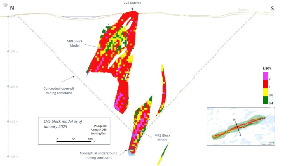 FIGURE 7 : Section transversale du modèle de blocs de ressources minérales de la pegmatite CV5