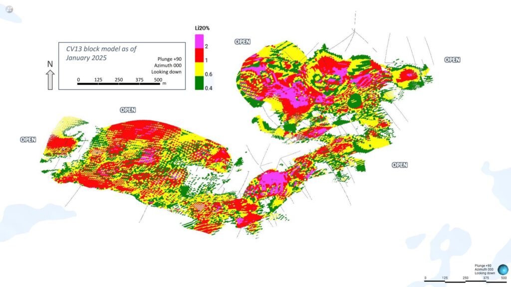 FIGURE 8 : Vue en plan du modèle de blocs de la pegmatite à spodumène CV13